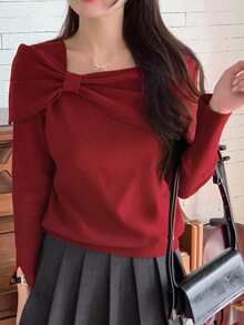 DAZY Áo len trễ vai màu đỏ dành cho nữ, thiết kế tinh tế, thanh lịch, giảm tuổi tác, làm thon gọn, áo thu/đông - Màu Đỏ Sâu - Xem 6