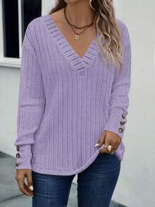 EMERY ROSE Women's Solid Color V-Neck Drop Shoulder Long Sleeve Ribbed Casual T-Shirt - Mauve Purple - View 3