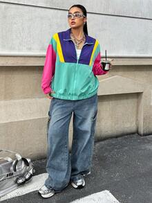 Muchica Plus Size Color Block Patchwork Jacket, Casual Autumn - Multicolor - View 3