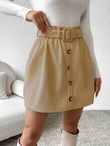 Pariaura Solid Color Paper Bag Waistband Button Elegant Office Casual A-Line Skirt Solid Color Women Belt High Waist Casual Khaki Skirt Corduroy Button-Front Skirt - Light Yellow - View 5