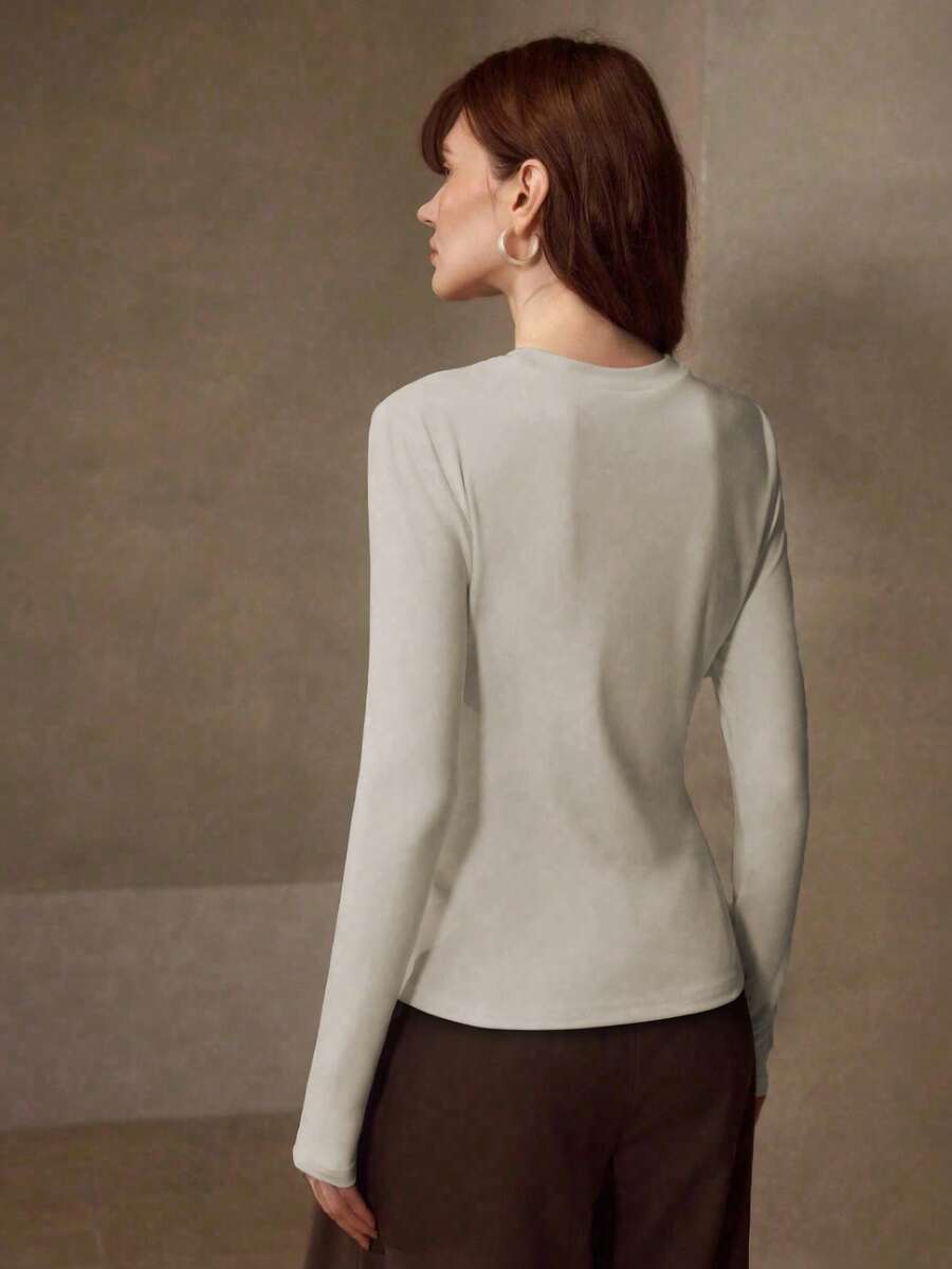 MOTF PREMIUM HIGH STRETCH SKIN-FRIENDLY SOLID COLOR ROUND NECK SLIM FIT FASHIONABLE LONG SLEEVE VERSATILE WOMEN'S BASE LAYER TOP - Apricot - View 2