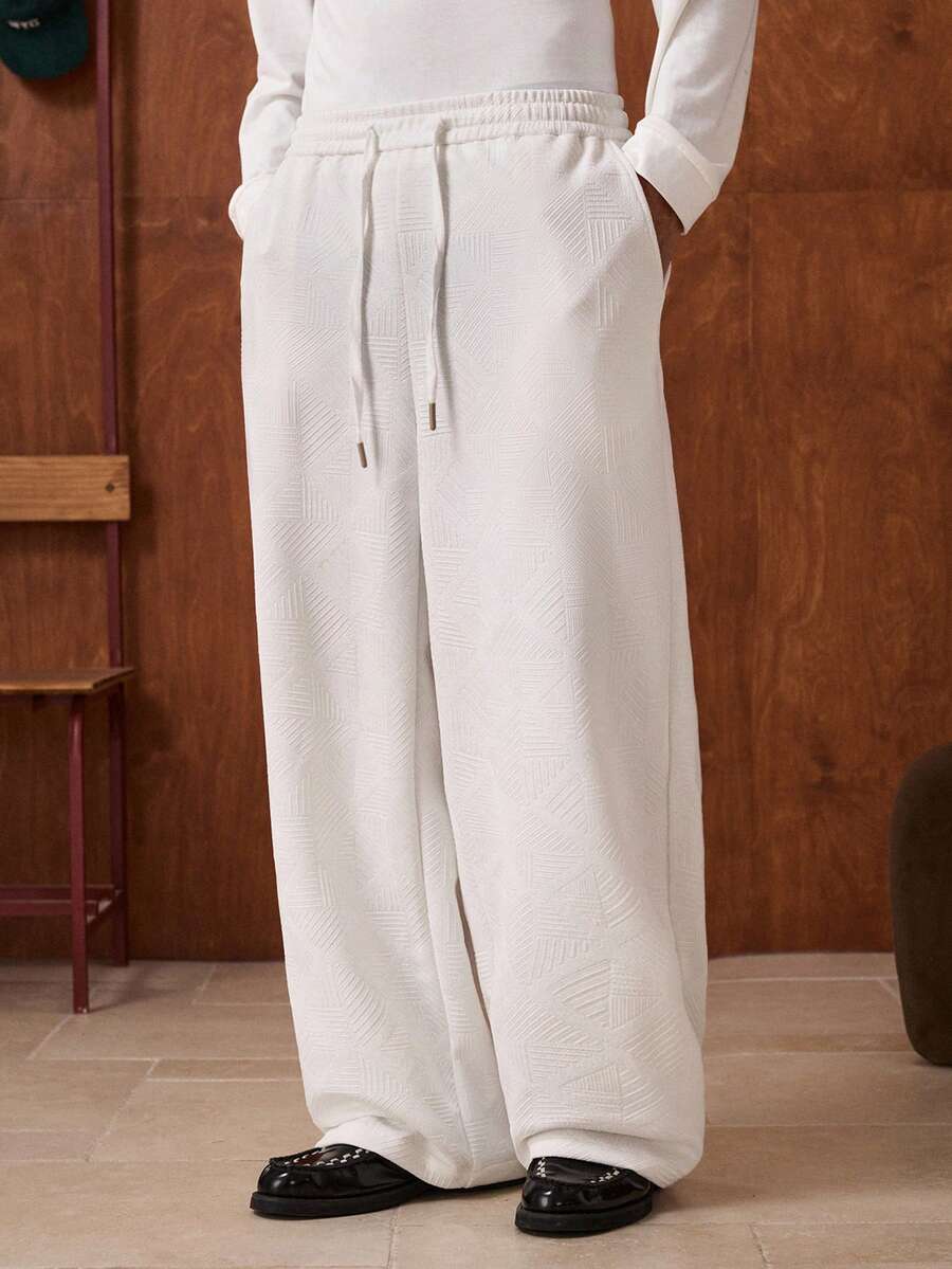 SWAVVY 男士休闲日常通勤百搭纯色纹理面料抽绳腰部斜口袋宽松阔腿运动裤 - 白色 - 查看 1