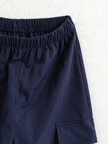 SHEIN Tween Girls' Solid Color Elastic Waist Casual Cargo Pants - Navy Blue - View 4