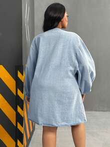 Slaydiva 大码女式圆领落肩长袖休闲宽松牛仔连衣裙 - 藍色 - 查看 2