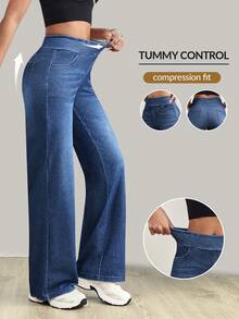 Flexra 中腰深色猫须做旧水洗针织牛仔阔腿裤 - 深色水洗藍 - 查看 1