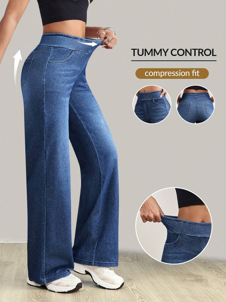 Flexra 中腰深色猫须做旧水洗针织牛仔阔腿裤 - 深色水洗藍 - 查看 1