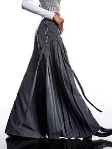 LYSMO Neuheit Herbst/Winter 2025: Minimalistischer Damen-Rock Einfarbig, Schnürung, Faltenrock, Vintage-Stil, weites Bein, grauer Rock, langer Wickelrock, Binderock, Faltenrock