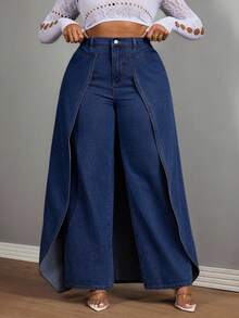 Slaydiva Quần ống đứng chắp vá denim màu xanh không co giãn phong cách cowgirl cỡ lớn mùa đông cho nữ - Rửa tối - Xem 5