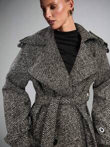 SHEIN BAE 大翻领花纹双排扣长款大衣，长款大衣女，风衣女，羊毛大衣女，粗斜纹羊毛大衣，秋冬优雅休闲外套 - 棕色 - 查看 5