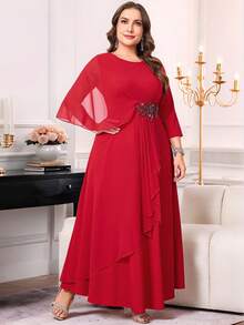 Reflora 大码纯色荷叶边网眼拼布优雅连衣裙 - 紅色 - 查看 3