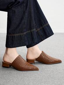 CUCCOO BIZCHIC 女式复古棕色编织压纹粗跟穆勒鞋 - 棕色 - 查看 5