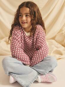 Suéter holgado de cuello redondo con ribete de contraste, informal para niña, otoño/invierno