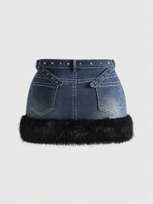 ROMWE Grunge Punk 大码女式铆钉牛仔迷你裙，毛茸茸饰边，性感时尚，秋冬 - 藍色 - 查看 2