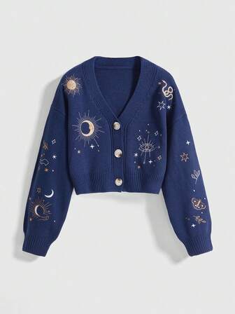 Cardigan style hippie pour femmes avec broderie soleil, lune, étoile et serpent