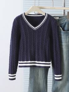 SHEIN Tween Girl Casual Patchwork Striped Trim V-Neck Pointelle Knit, Autumn/Winter Blue And White Stripe Sweater For Girls Sweater Girl Sweater Navy Blue Sweater Girls Summer Clothes For Teens Sweater Sweater For Teen Girls Cute Sweater Sweater For Tweens Aesthetic Preppy Clothes For Girls 12 Girls Autumn Winter Clothes Sweater For Girls Jumper For Girls Kids Sweater Girl Sweater Girl Clothes Autumn And Winter Clothes Sweater For Tweens Tween Girl Jumper Youth Sweaters Knit Sweater Tween Girl Clothes Sweater Cute Sweater - Navy Blue - View 6