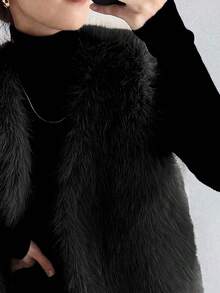 FRIFUL 女士灰色纯色无袖蓬松背心，宽松休闲百搭叠穿蓬松外套，秋季女士外套 - 黑色 - 查看 1