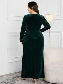 Modelyn Plus Size Women's Elegant Party Rhinestone V-Neck High Slit Maxi Dress - Dark Green - View 2