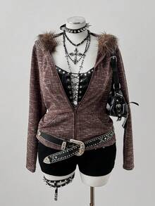 Sunspun Áo nỉ len lông thú giả có mũ trùm đầu cỡ lớn màu nâu, mặc đi chơi ngoài trời, thanh lịch, dự tiệc, thu/đông - màu nâu - Xem 7