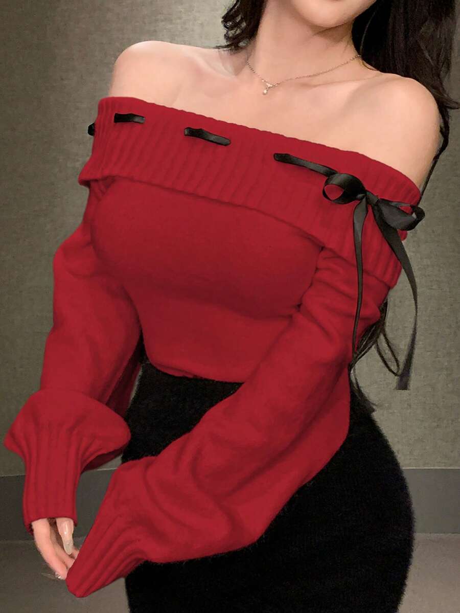 DAZY 女士春季情人节露肩针织缎带交织蝴蝶结装饰可爱长袖毛衣圣诞节 - 紅色 - 查看 1