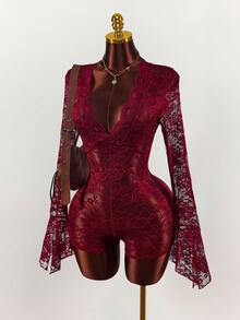 Amplova 秋冬长袖嬉皮透明低胸女式连体裤，适合派对、日常穿着、万圣节、圣诞节、新年，Encore 勃艮第紧身连体裤，性感 - 紅色 - 查看 4