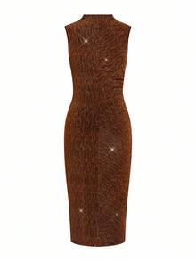 Ellevyn 女式无袖褶皱印花网眼针织连衣裙，夏季 - 卡其色 - 查看 2