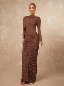 Lumalex 春夏不对称金属装饰网纱柔软飘逸褶皱腰部修身长袖连衣裙,女士垂坠长裙,棕色优雅连衣裙,长袖优雅连衣裙,棕色婚礼宾客礼服,奢华舞会聚会派对宴会,低调奢华闪耀的假日派对狂欢节郊游度假热门户外丰富层次婚礼季宴会派对新年派对造型晚宴晚会秋季派对礼服 - 咖啡棕 - 查看 8