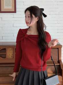 DAZY Áo len trễ vai màu đỏ dành cho nữ, thiết kế tinh tế, thanh lịch, giảm tuổi tác, làm thon gọn, áo thu/đông - Màu Đỏ Sâu - Xem 8