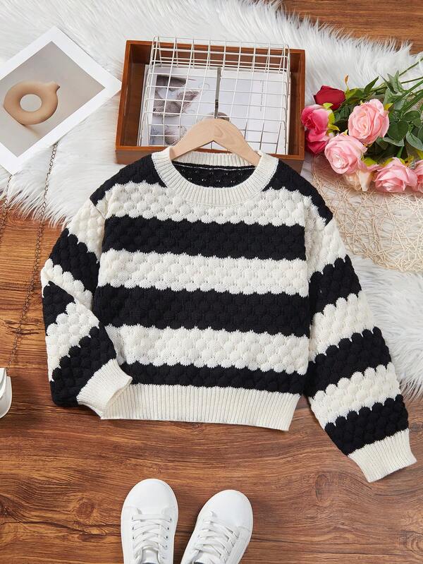 Tween Mädchen Pullover mit Rundhalsausschnitt in gestreiftem Design, mit schickem Farbblockdesign in Schwarz und Weiß, feinem Zopfmuster, locker geschnitten, ideal für den Alltag, Urlaubsanlässe, Herbst-Winter Saison