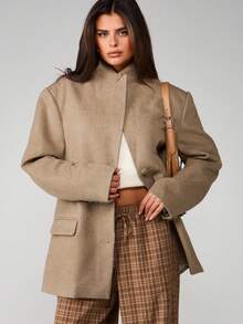 MISSGUIDED 超大羊毛宽松西装外套结构翻领夹克秋冬商务专业外套 - 灰色 - 查看 4