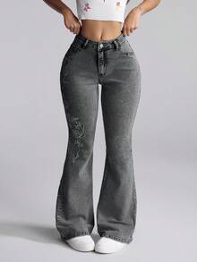 SHEIN PETITE Quần jeans ống loe thêu hoa thường ngày dành cho nữ - Xám - Xem 5