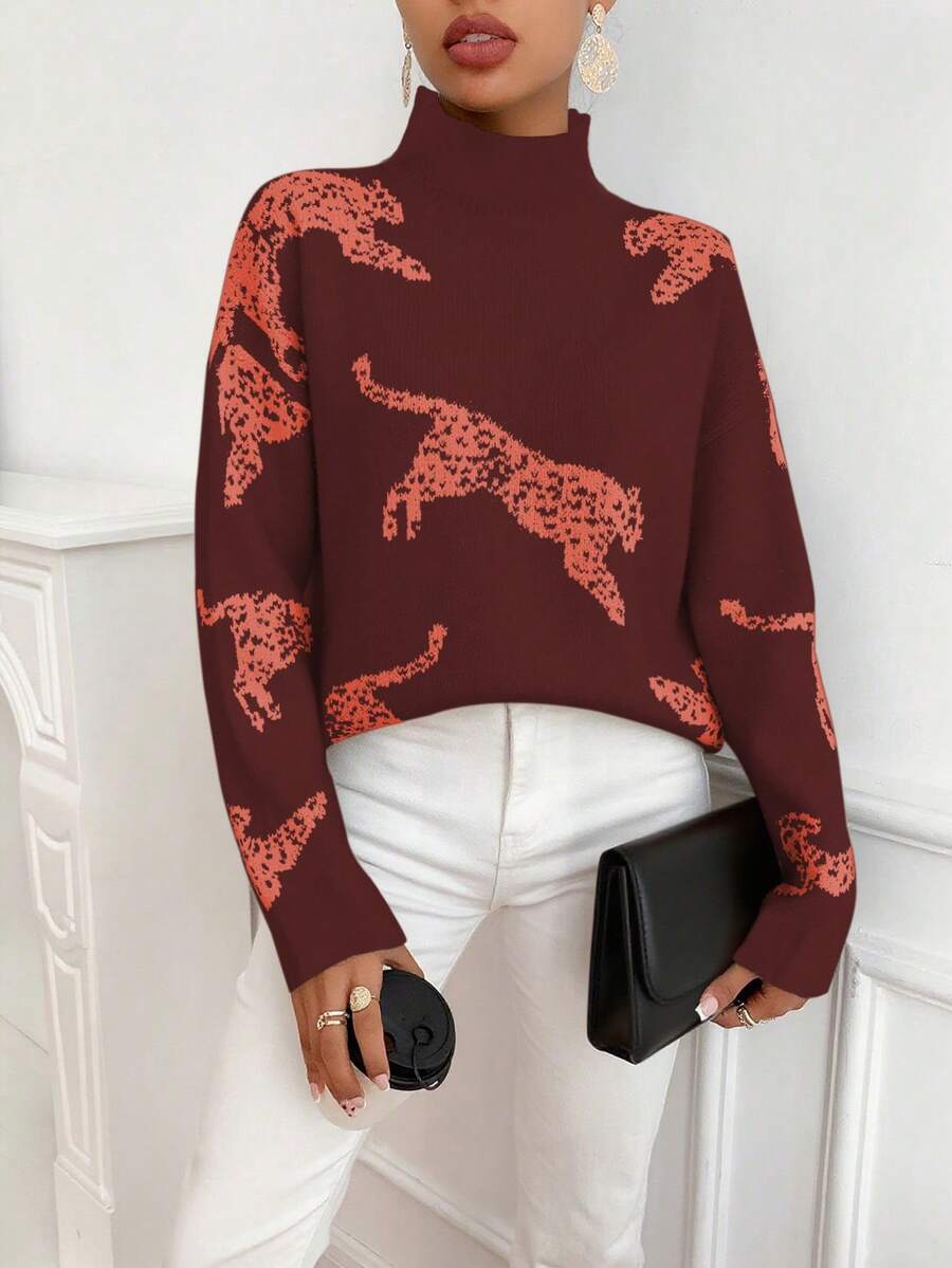 SHEIN Clasi Sweater Pullover Kasual Wanita Motif Leopard dengan Kerah Tegak - Coffee Brown - View 1
