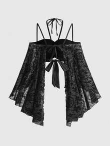ROMWE Goth بلوزة شفافة بأكمام واسعة مزينة بقطع الفراشات لإطلالة عصرية على الشاطئ - الأسود - مشاهدة 2