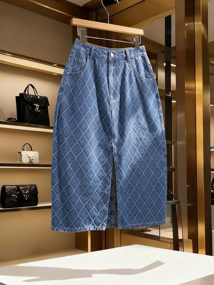 GlowEve 女式休闲水洗菱形开衩牛仔迷你裙 - 中等水洗藍 - 查看 1