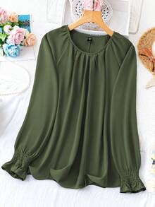 Plus Size Women's Solid Color Round Neck Long Sleeve Pleated Casual Shirt - Army Green - View 1