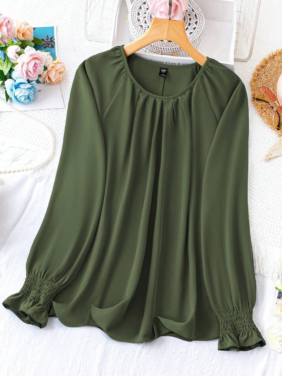 Plus Size Women's Solid Color Round Neck Long Sleeve Pleated Casual Shirt - Army Green - View 1