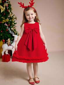 SHEIN Glamorique Kids Baby Girl Christmas Big Bow Dress, Suitable For Stage Performance, Wedding, Holiday Party - Red - View 1