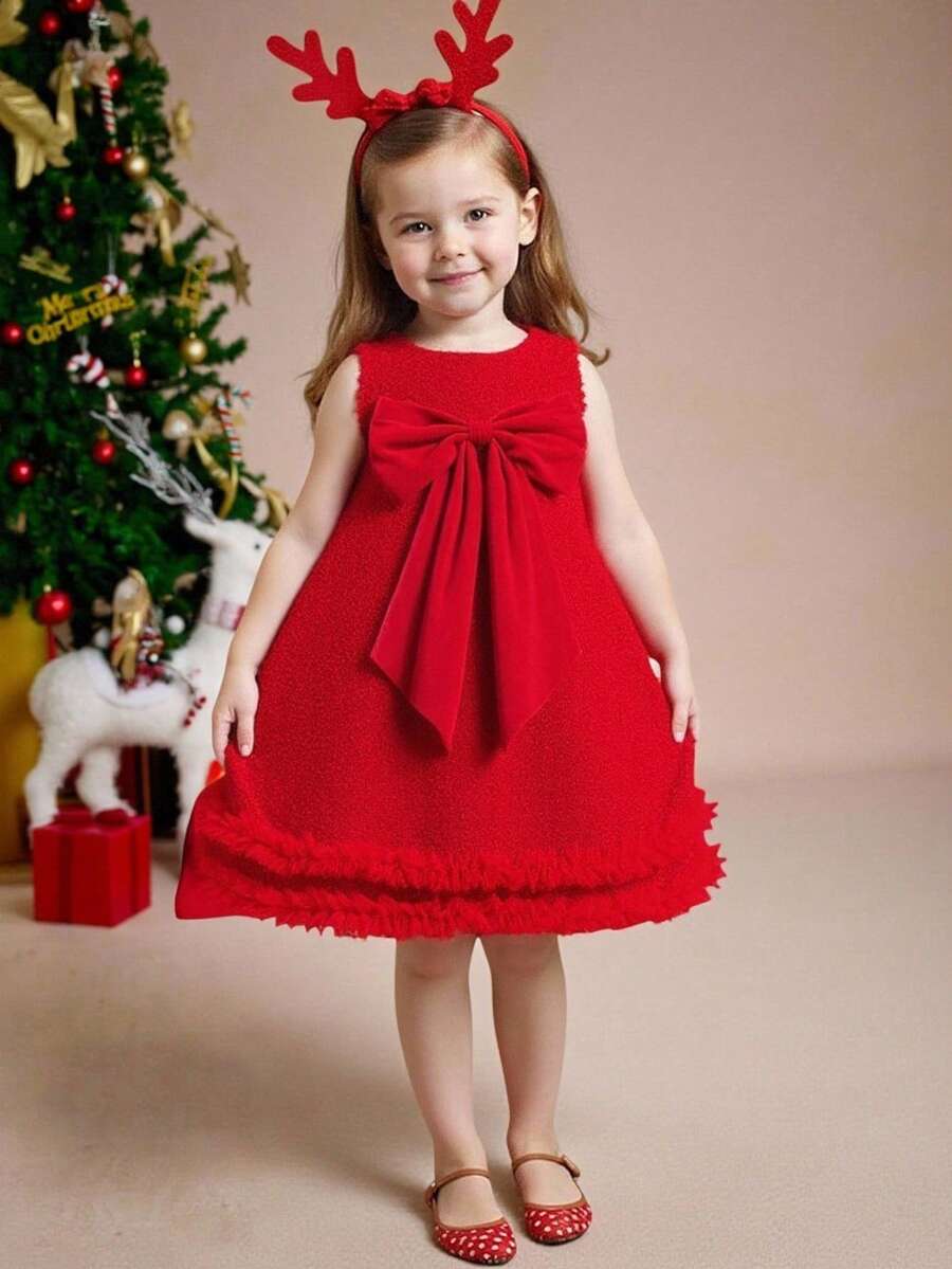 SHEIN Glamorique Kids Baby Girl Christmas Big Bow Dress, Suitable For Stage Performance, Wedding, Holiday Party - Red - View 1