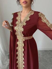 Rafferiza Áo choàng Abaya chắp vá tay dài cho nữ, váy Kaftan viền ren màu trơn - Màu Đỏ Sâu - Xem 5