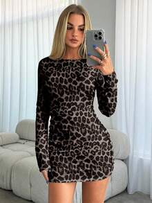 Aloruh Đầm ôm sát tay dài cổ tròn màu trơn in họa tiết nhún bèo cho nữ, mùa thu/đông - Nhiều màu - Xem 4