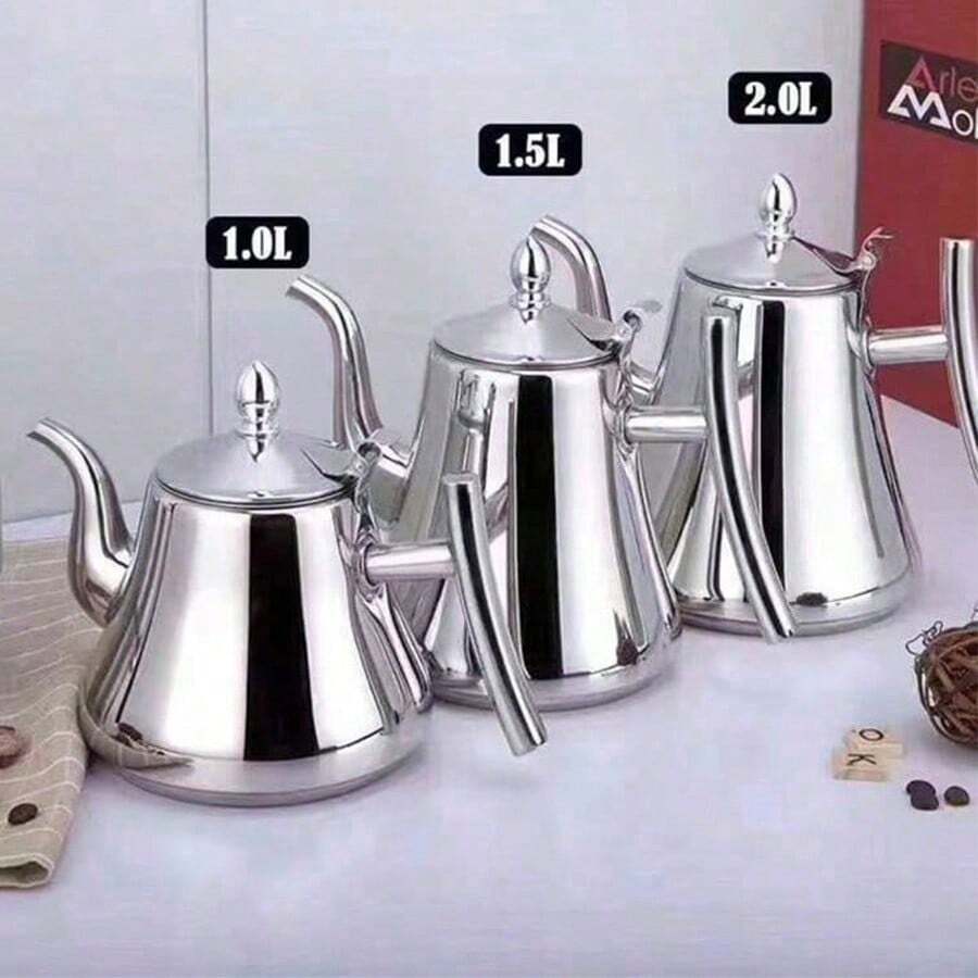1个不锈钢加厚水壶，带可拆卸滤网、油箱和过滤器，可作咖啡壶、茶壶使用，适用于酒店餐厅，非常适合冲泡茶水，可用电磁炉加热，适合家庭和户外使用，可用洗碗机清洗（银色） - 銀色 - 查看 1
