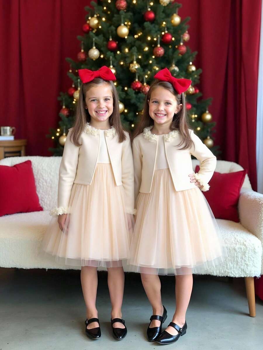 SHEIN 青少年女孩人造毛皮拼布欧根纱荷叶边夹克和网眼罩层连衣裙优雅两件套 - 米色 - 查看 1