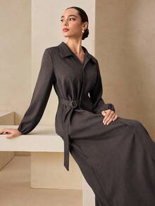 Graceveil 绿色金属装饰腰部收紧长袖优雅连衣裙 - 咖啡 - 查看 3