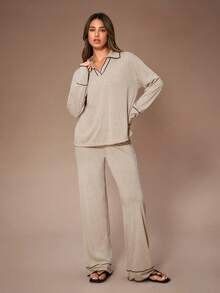 Lazeform Women's Autumn/Winter Turndown Collar Long Sleeve Contrast Trim Wide Leg Pants Pajama Set V Neck Lounge Wear Cozy Sets Women Knit Pajama Set Long Sleeve Lounge Set Lounge Wear Set - Khaki - View 1