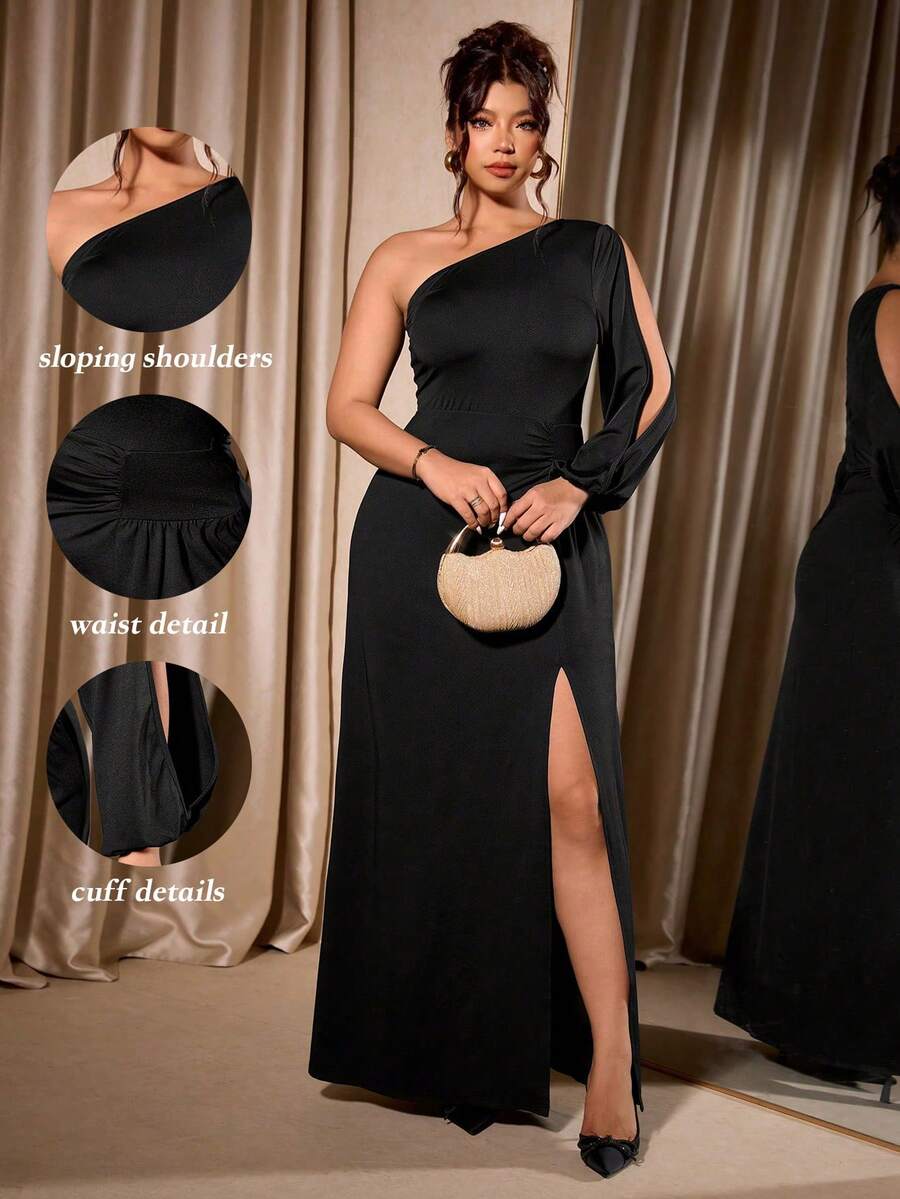 Cravure 大码女式新款单肩、落肩、露背、合身浪漫灯笼袖长裙，适合鸡尾酒会和日常穿着 - 黑色 - 查看 1