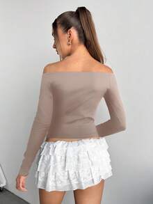 SHEIN EZwear Brązowa, obcisła, swobodna, damska koszulka z golfem z odkrytymi ramionami i długim rękawem, idealna na jesień - Morela - Zobacz 3