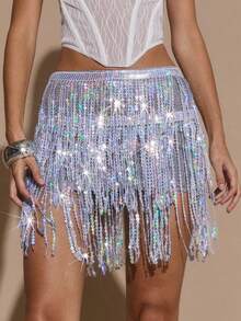 SHEIN BAE 女士时尚性感亮片流苏迷你裙，夏季 - 銀色 - 查看 1