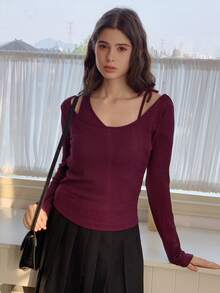 Dazy Kids Teen Girl Casual Everyday Commute Minimalist Solid Color Ribbed Asymmetrical Neck Fitted T-Shirt, Spring/Autumn - Red Violet - View 3
