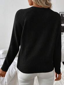 SHEIN PETITE Áo len nữ có thiết kế khuy và vạt xéo - màu đen - Xem 2