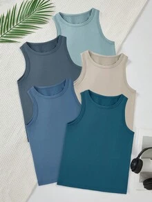 SHEIN 5 件年轻男孩舒适休闲无袖汗衫背心，简约设计风格，易于搭配，弹性透气针织面料，可机洗，舒适贴合，易于护理（5 件单独出售） - 彩色 - 查看 3
