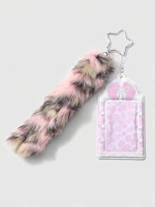 ROMWE Anime 1件Y2K风格复古极简高品质黑白渐变人造毛皮尾巴，PVC亮面卡包，带有音乐元素、波点翅膀、钢琴键、星星钥匙扣吊坠，适合女性日常佩戴和节日礼物 - 粉色-48 - 查看 4